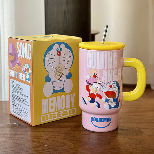 Doraemon Ceramic Mug with Lid & Straw 🐱