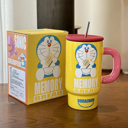 Doraemon Ceramic Mug with Lid & Straw 🐱