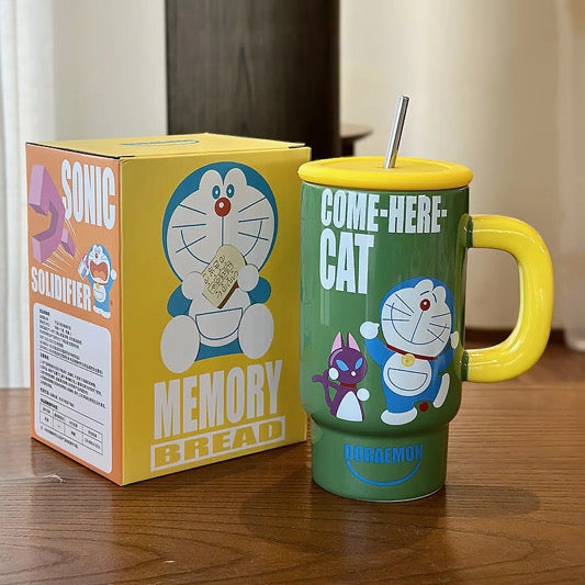 Doraemon Ceramic Mug with Lid & Straw 🐱