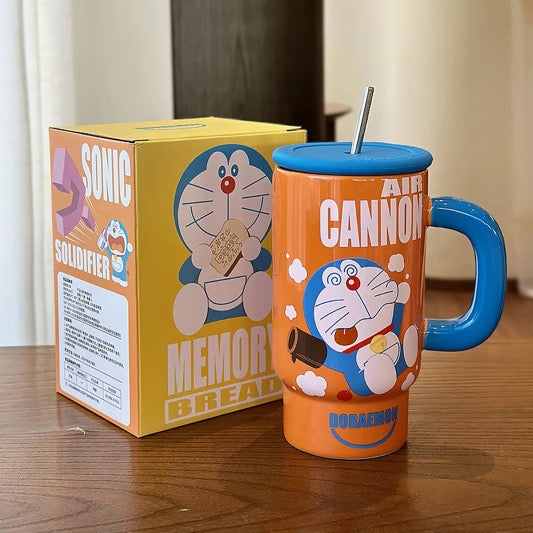 Doraemon Ceramic Mug with Lid & Straw 🐱
