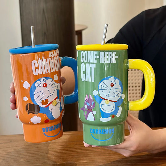 Doraemon Ceramic Mug with Lid & Straw 🐱