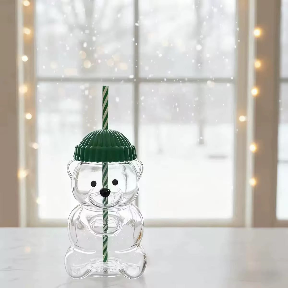 🧸 Bear-Shaped Glass Tumbler with Straw – 500ml