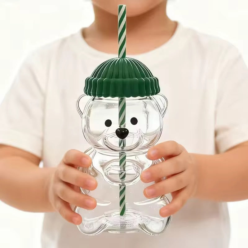 🧸 Bear-Shaped Glass Tumbler with Straw – 500ml