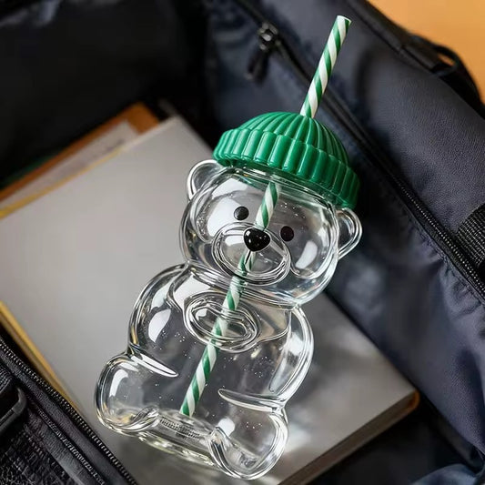 🧸 Bear-Shaped Glass Tumbler with Straw – 500ml
